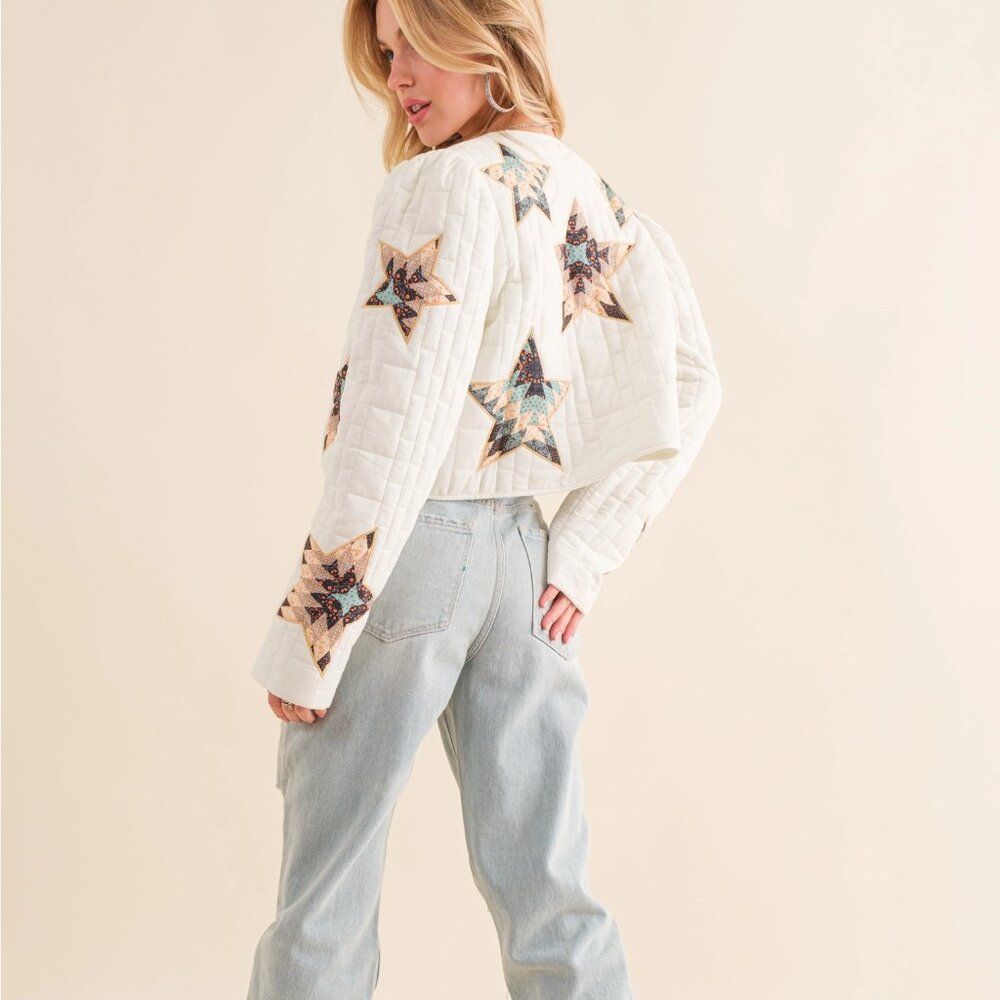 NWT patchwork Quilted Multi Star Embroidered Padded Zip Up Crop Western Jacket - Picture 5 of 7